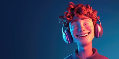 3D Cartoon of a Happy Man Listening to Music with Curly Red Hair in Neon Blue Background