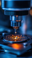 Poster - A microscope is focused on a small object, which appears to be a tiny piece of metal. Concept of precision and scientific exploration