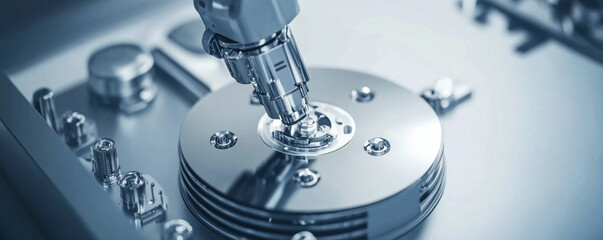 Poster - A robot is working on a silver disk. The disk is round and has a hole in the center