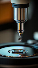 Poster - A drop of water is falling from a microscope. Concept of precision and scientific exploration