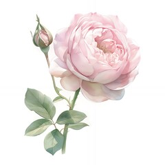 A single pink rose with a bud and green leaves on a white background.