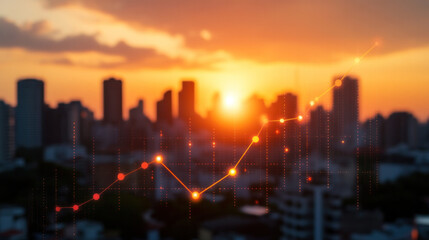 Poster - A city skyline with a sun setting in the background. The sun is casting a warm glow over the buildings, creating a peaceful and serene atmosphere. The cityscape is dotted with various buildings