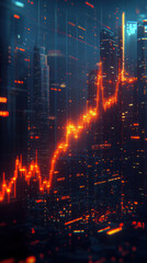 Poster - A city skyline with a graph of numbers that are orange. The graph is going down, and the city is lit up with lights. Scene is one of a bustling city at night