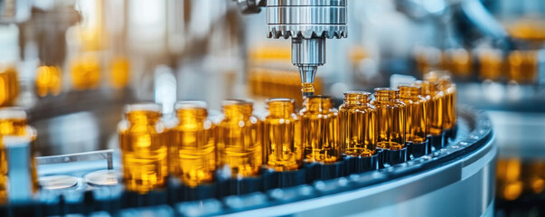 Poster - A machine is filling bottles with a liquid. The bottles are orange and lined up on a conveyor belt