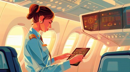 Poster - A flight attendant checks her tablet, ensuring everything is in order before takeoff, surrounded by aircraft interior. Generative AI