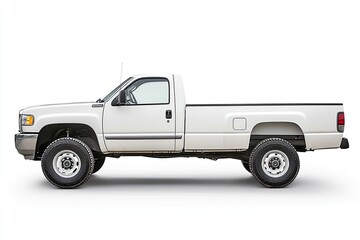 White Pickup Truck Isolated on White Background - Side View of a Modern Single Cab Vehicle