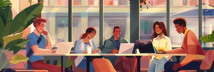 Poster - A diverse group of young entrepreneurs engages in lively discussions while working on laptops in a vibrant cafe filled with natural light. Generative AI