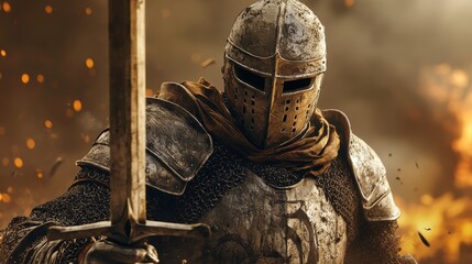 Medieval Knight in Armor with Sword and Battle Background.