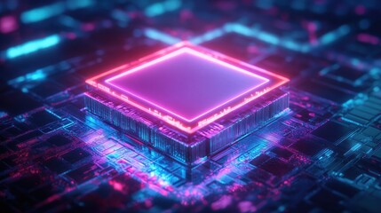 Poster - Abstract Futuristic Neon Circuit Board Background with Glowing Pink Square -  Cyberpunk Technology Concept.