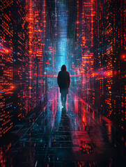Poster - hacker in the hood, hacker attack, silhouette of the man, mixed media. the concept of a sudden attac