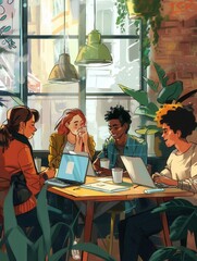Poster - A group of young entrepreneurs engages in a creative brainstorming session at a café, surrounded by laptops and coffee, amidst a lively atmosphere. Generative AI