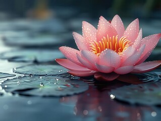 Wall Mural - serene lotus flower floating on calm water perfect symmetry and delicate pink petals droplets of water adding sparkle zeninspired composition