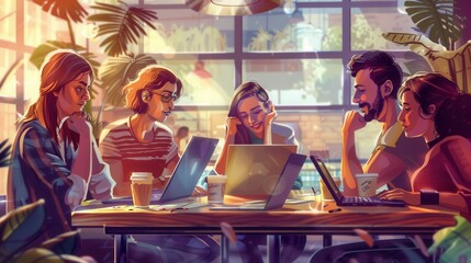Poster - A group of young entrepreneurs engage in teamwork at a trendy cafe, surrounded by laptops, notebooks, and coffee cups while brainstorming new ideas. Generative AI