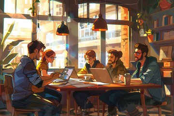 Poster - A group of young entrepreneurs work together, sharing ideas while surrounded by laptops, coffee cups, and notes in a vibrant cafe atmosphere. Generative AI