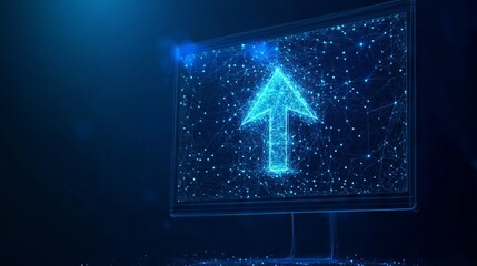 Poster - abstract arrow up on monitor screen with dark blue background. low poly wireframe with lines, dots a