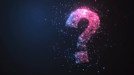 Poster - Abstract digital Question mark. Low poly wireframe with lines, dots and glowing particles 