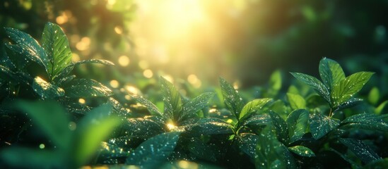 Canvas Print - Sunlight Filtering Through Dewy Green Leaves