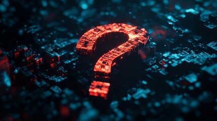 Poster - Abstract digital Question mark. Low poly wireframe with lines, dots and glowing particles 
