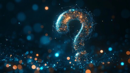Poster - Abstract digital Question mark. Low poly wireframe with lines, dots and glowing particles 