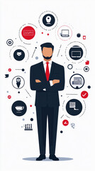 Poster - A man in a suit is standing in front of a large circle with many other circles surrounding him. The circles represent various aspects of technology and business. Concept of a busy