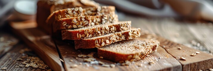 Sticker - Close-up of sliced whole grain rye bread with seeds on a wooden cutting board.