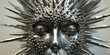 © Duka Mer - A human head adorned with spikes, colored in silver and beige hues, featuring symmetry, repetition, and a close-up perspective.