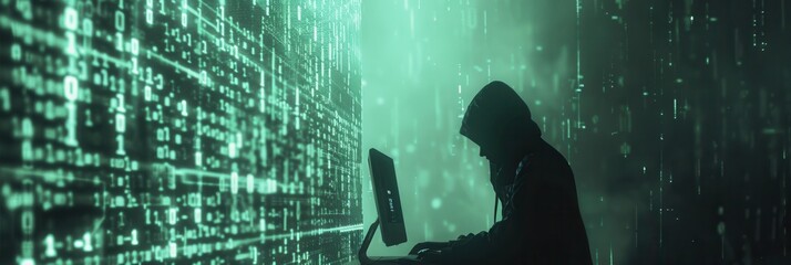 Leinwandbilder - A silhouette of a hacker in a hoodie focuses on a computer displaying cascading green code at night. Generative AI