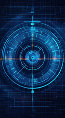 Poster - A blue and white image of a circle with a red dot in the center. The circle is surrounded by a grid of blue lines