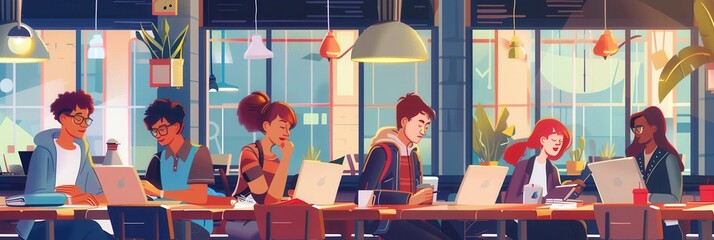 Poster - Young entrepreneurs brainstorm and work on projects at a modern cafe surrounded by laptops, notebooks, and coffee cups. Generative AI