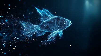 Poster - abstract image of a fish with dark blue background. low poly wireframe with lines, dots and glowing 