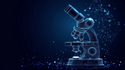 Poster - abstract image of a microscope with dark blue background. low poly wireframe with lines, dots and gl