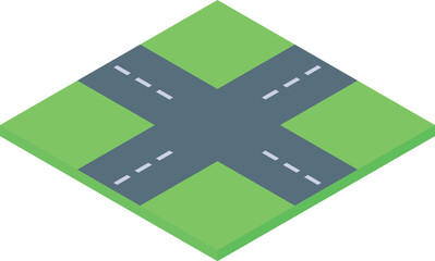 Poster - Isometric view of a crossroads dividing green space with asphalt forming four exits for a minimalist and geometric design