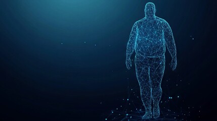 Abstract image of a Obesity male. Health wireframe. With dark blue background. Low poly wireframe with lines, dots and glowing particles