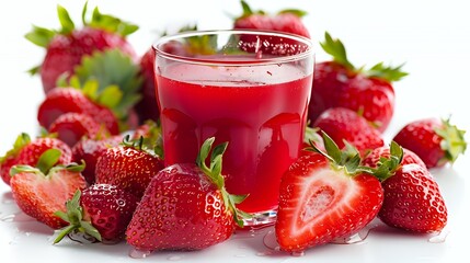 A refreshing glass of strawberry juice surrounded by fresh strawberries.