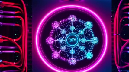 Wall Mural - A glowing neon circle with the word 'DATA' surrounded by interconnected nodes inside a server rack, connected by cables.