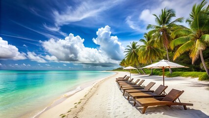 Serene tropical beach scene with a row of empty sun loungers on pristine white sand, turquoise sea water, and stunning Caribbean coastline as a tranquil summer vacation backdrop.