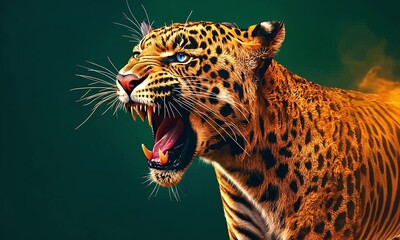 fierce leopard with flames on its back green screen background with ai generated.