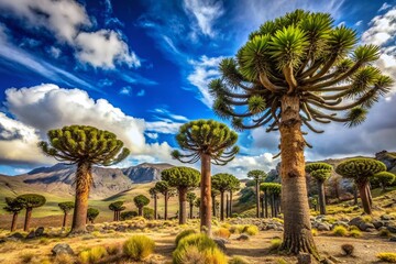 Ancient araucaria petrified trees, 65-100 million years old, stand tall in the Puyango Petrified Forest, a stunning natural wonder in Ecuador's lush landscape.