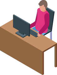 Poster - Male office worker is sitting at a desk typing on a keyboard and working on a computer in this isometric icon