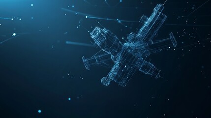 Abstract mash line and point Orbital space station on dark blue background with an inscription. Low poly wireframe with lines, dots and glowing particles