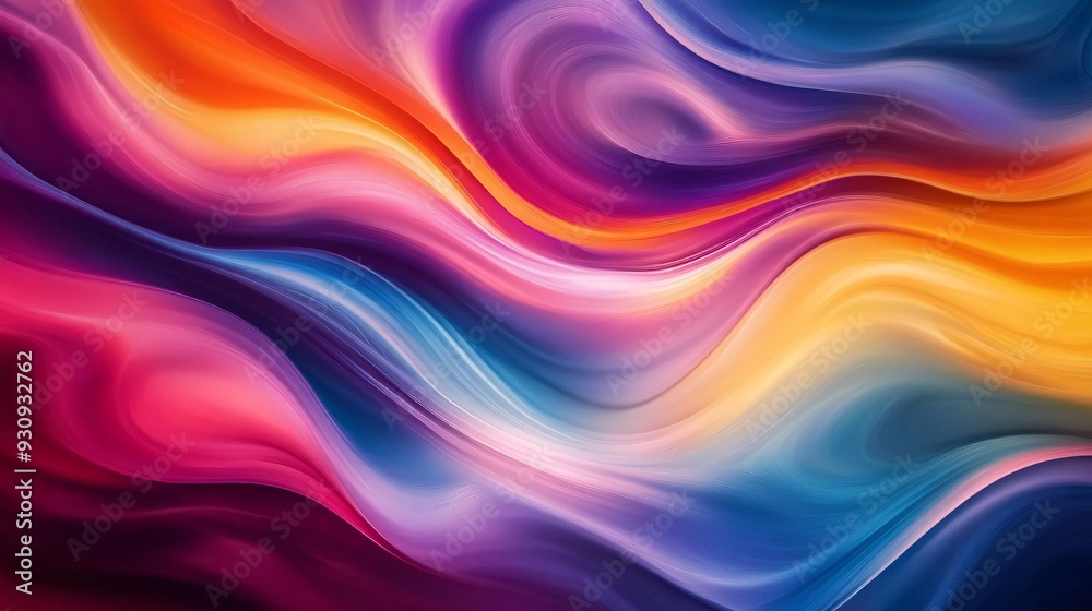 Abstract colorful swirling waves background with vibrant hues of red, orange, yellow, blue, purple and pink.