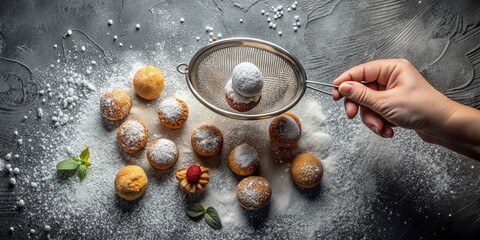 A delicate hand holds a sieve, gently dusting a batch of sweet treats with a fine layer of powdered sugar on a weathered grey surface.