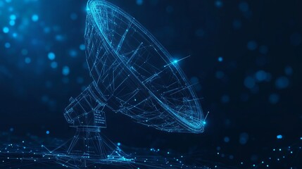Poster - astronomy. abstract mash line and point radio telescope on dark blue background with an inscription.