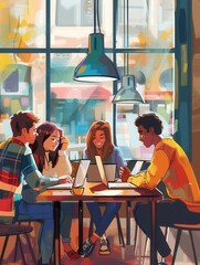 Poster - Young entrepreneurs engage in brainstorming and teamwork at a stylish cafe, immersed in their laptops and notebooks. Generative AI