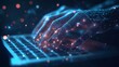 © Sea - Digital 3d human hands typing on computer or laptop keyboard. Office work, workplace or business concept. With dark blue background. Low poly wireframe with lines, dots and glowing particles
