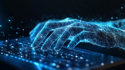 digital 3d human hands typing on computer or laptop keyboard. office work, workplace or business con