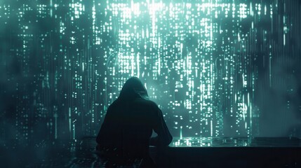 Leinwandbilder - A silhouette of a hacker works intently at a computer, surrounded by glowing code that fills the large screen in a dark environment. Generative AI