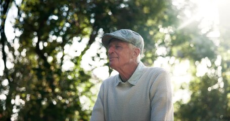 Wall Mural - Thinking, relax and senior man in garden of nursing home for retirement and wellness. Smile, elderly male person and gratitude for health, calm and care or comfort in nature or backyard in morning