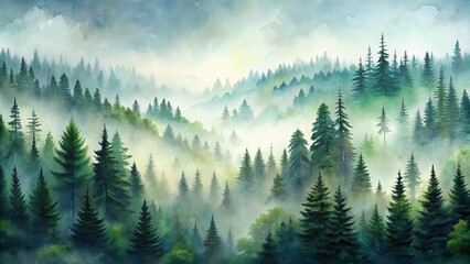 Wall Mural - Watercolor painting of a foggy forest hill with evergreen trees, Watercolor, green, landscape, foggy, forest