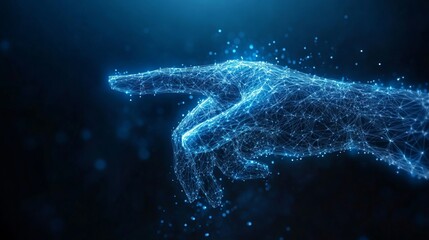 Touch the future low poly wireframe. Futuristic concept. With dark blue background. Low poly wireframe with lines, dots and glowing particles
